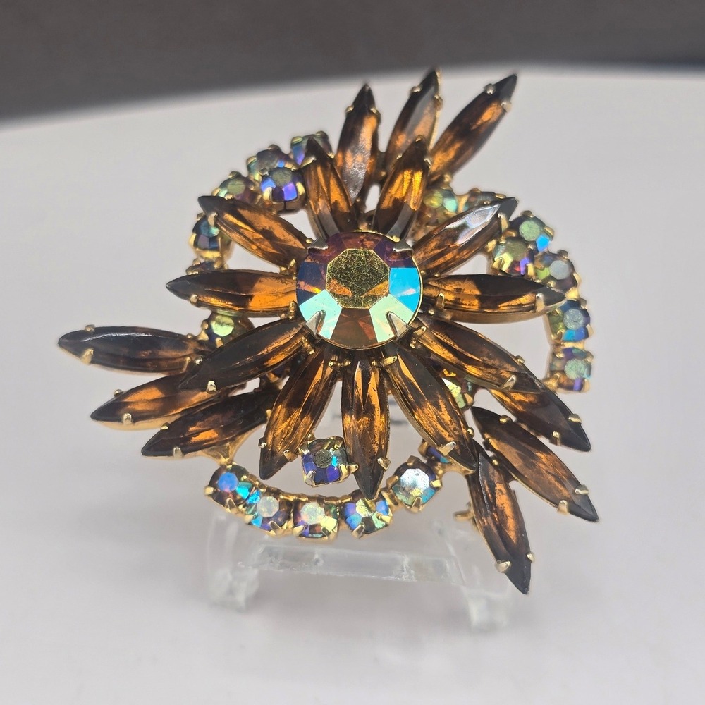 Vintage Weiss Brooch Brown Aurora Borealis Rhinestone Floral Starburst